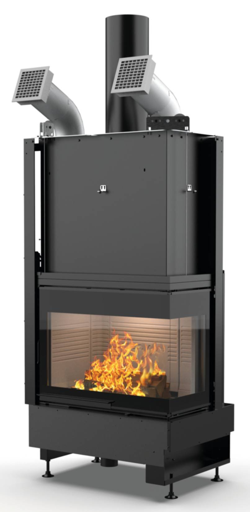 Palazzetti Ecomonoblocco WTX 70R N15 Angolo Destro Camino Legna Riscalda Aria Calda Convezione Naturale Irraggiamento Canalizzabile Potenza 14,7 Kw Focolare Refrattario Thermofix® Anta Vetro Scorrevole Bocchette Prolunga Cassetto Cenere L87xP61xH171 cm