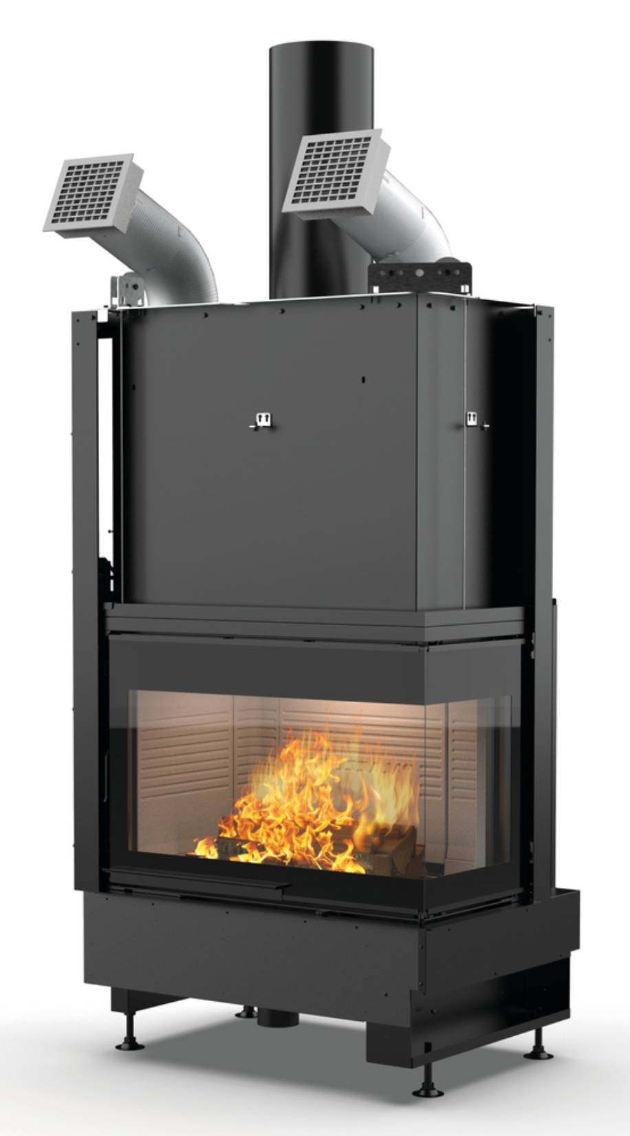 Palazzetti Ecomonoblocco WTX 80R N18 Angolo Destro Camino Legna Riscalda Aria Calda Convezione Naturale Irraggiamento Canalizzabile Potenza 17,8 Kw Focolare Refrattario Thermofix® Anta Vetro Scorrevole Bocchette Prolunga Cassetto Cenere L100xP61xH171 cm