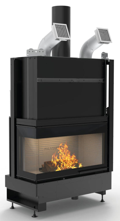 Palazzetti Ecomonoblocco WTX 90L N19 Angolo Sinistro Camino Legna Riscalda Aria Calda Convezione Naturale Irraggiamento Canalizzabile Potenza 19,1 Kw Focolare Refrattario Thermofix® Anta Vetro Scorrevole Bocchette Prolunga Cassetto Cenere L113xP61xH172 cm