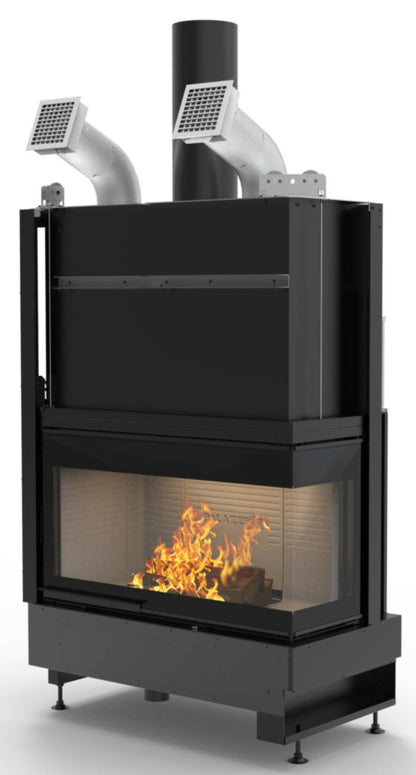 Palazzetti Ecomonoblocco WTX 90R N19 Angolo Destro Camino Legna Riscalda Aria Calda Convezione Naturale Irraggiamento Canalizzabile Potenza 19,1 Kw Focolare Refrattario Thermofix® Anta Vetro Scorrevole Bocchette Prolunga Cassetto Cenere L113xP61xH172 cm
