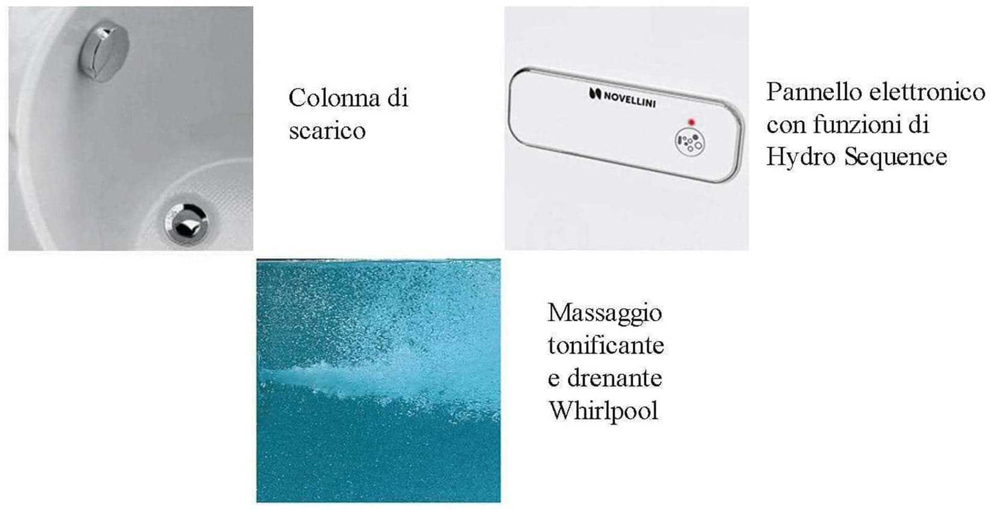 Novellini Una Vasca da Bagno Versione Hydro Misura 135x135 H55 cm Idro Whirlpool 6 Jets Accensione Digitale Forma Esterna Semicircolare Simmetrica Interna Ovale Installazione Angolare Reversibile Pannello Colonna Materiale Acrilico Finitura Bianco Lucido