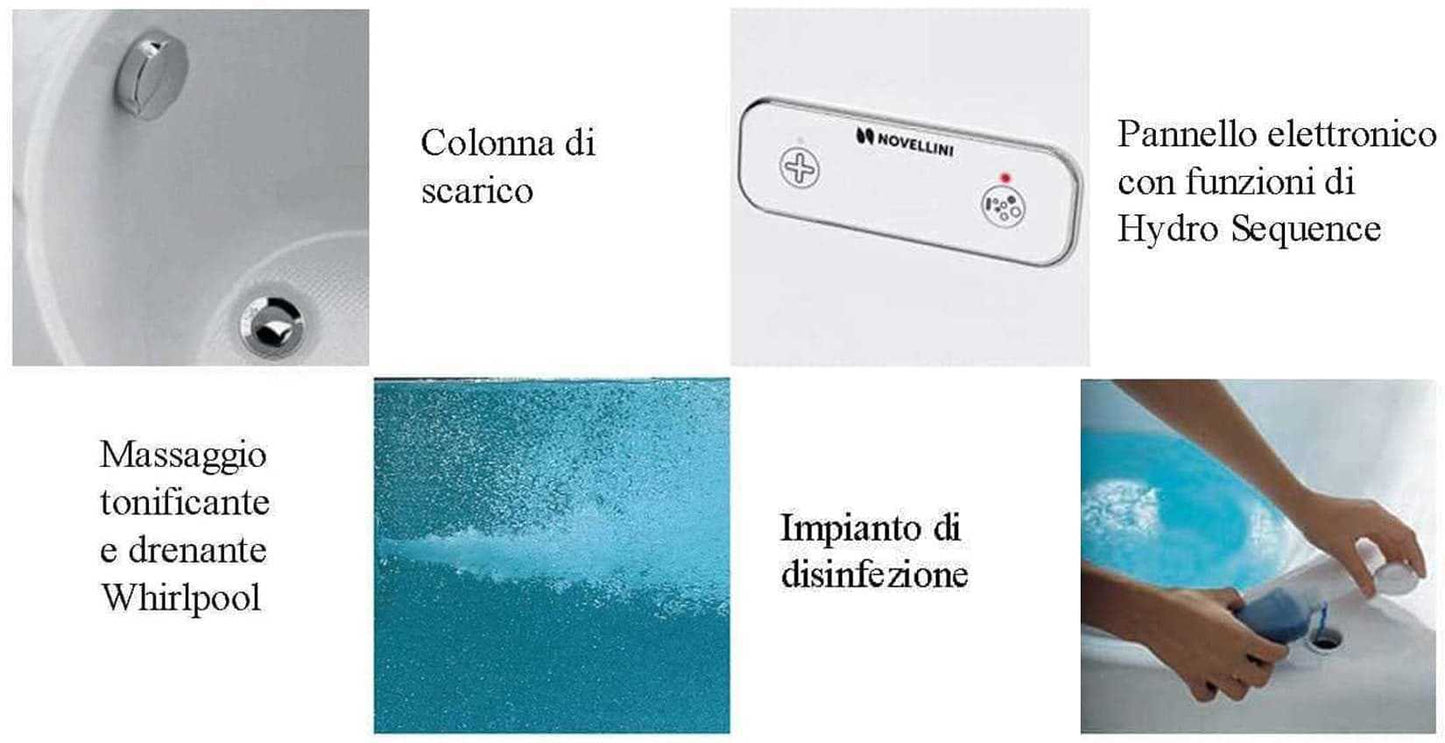 Novellini Una Vasca da Bagno Versione Hydro Con Disinfezione Misura 135x135 H55 cm Idro Whirlpool 6 Jets Accensione Digitale Forma Esterna Semicircolare Simmetrica Interna Ovale Installazione Angolo Pannello Colonna Materiale Acrilico Colore Bianco Lucido