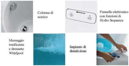 Novellini Una Vasca da Bagno Versione Hydro Con Disinfezione Misura 135x135 H55 cm Idro Whirlpool 6 Jets Accensione Digitale Forma Esterna Semicircolare Simmetrica Interna Ovale Installazione Angolo Pannello Colonna Materiale Acrilico Colore Bianco Lucido