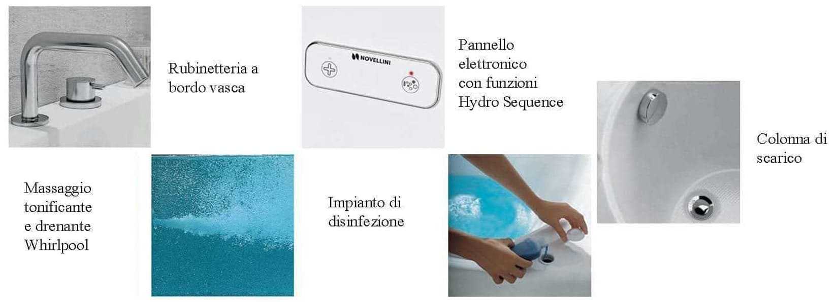 Novellini Una Vasca da Bagno Versione Hydro Con Disinfezione Misura 135x135 H55 cm Idro Whirlpool 6 Jets Accensione Digitale Forma Esterna Semicircolare Simmetrica Interna Ovale Installazione Angolo Pannello Fontana Materiale Acrilico Colore Bianco Lucido