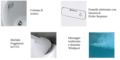 Novellini Vogue Vasca da Bagno Versione Hydro Misura 150x85 H55 cm Idromassaggio Whirlpool 5 Jets Forma Esterna Tonda Curva Semicircolare Asimmetrica Interna Ovale Installazione Angolare Sinistra Pannello Colonna Cuscino Materiale Acrilico Finitura Bianco