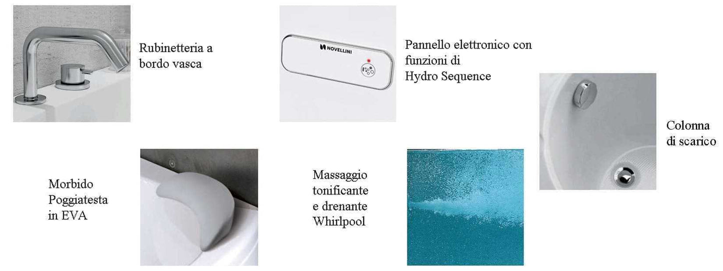 Novellini Vogue Vasca da Bagno Versione Hydro Misura 165X85 H55cm Idro Whirlpool 7 Jets Forma Esterna Tonda Curva Semicircolare Asimmetrica Interna Ovale Installazione Angolo Destra DX Pannello Colonna Rubinetteria Cuscino Materiale Acrilico Colore Bianco