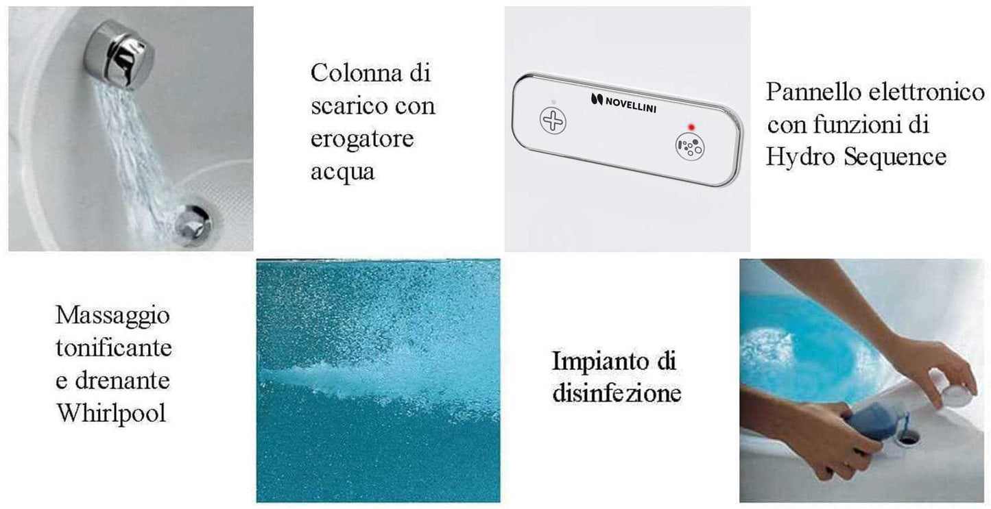 Novellini Una Vasca da Bagno Versione Hydro Con Disinfezione Misura 135x135 H55 cm Idro Whirlpool 6 Jets Accensione Digitale Forma Esterna Semicircolare Simmetrica Interna Ovale Installazione Angolare Pannello Erogatore Materiale Acrilico Finitura Bianco