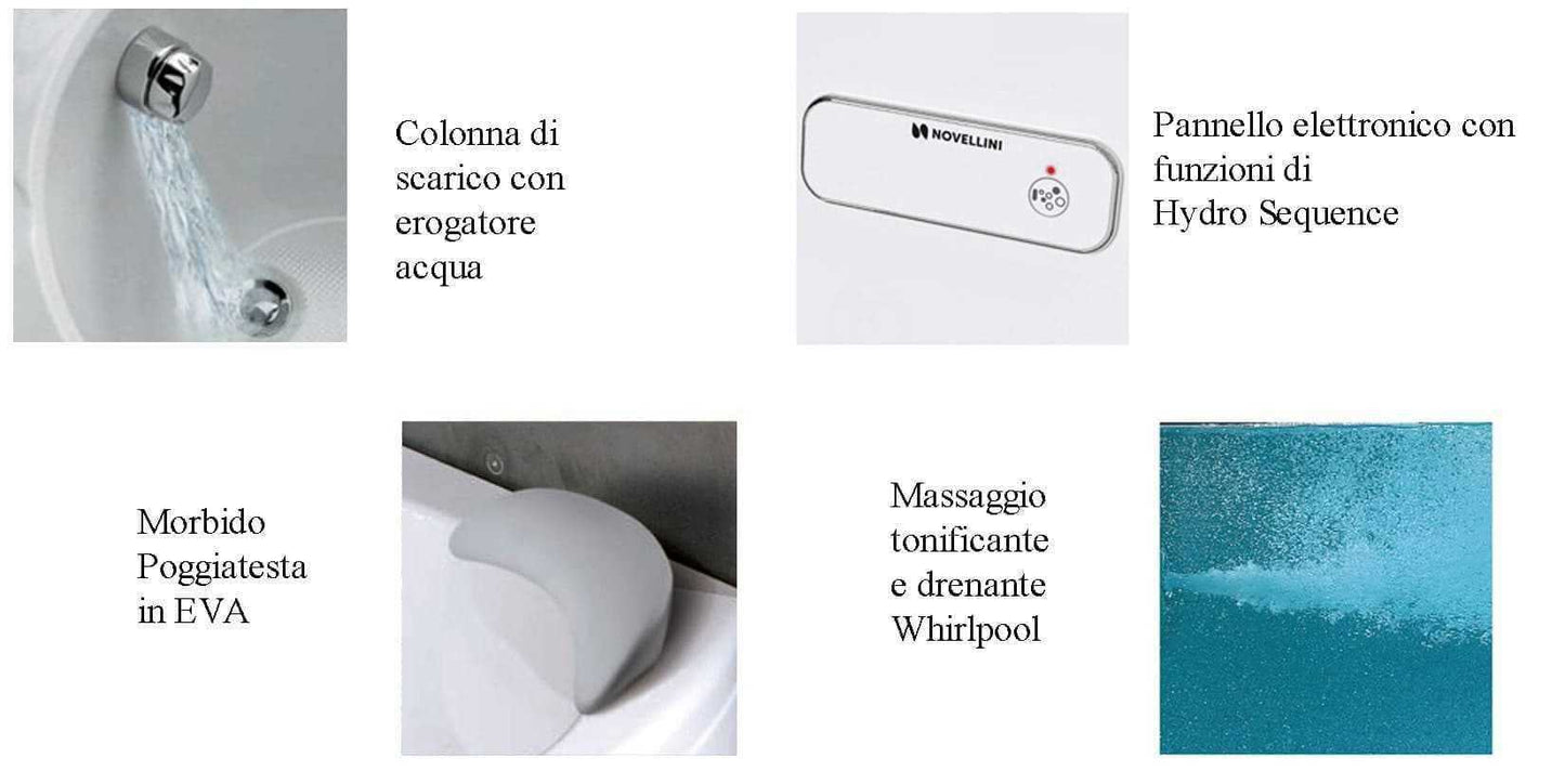 Novellini Vogue Vasca da Bagno Versione Hydro Misura 165X85 H55cm Idro Whirlpool 7 Jets Forma Esterna Tonda Curva Semicircolare Asimmetrica Interna Ovale Installazione Angolare Sinistra Pannello Colonna Erogatore Cuscino Materiale Acrilico Finitura Bianco