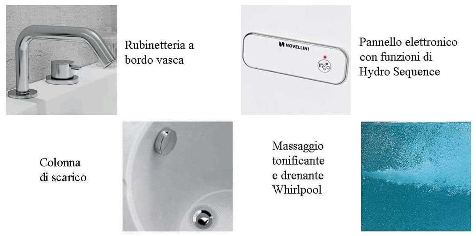 Novellini Una Vasca da Bagno Versione Hydro Misura 135x135 H55 cm Idro Whirlpool 6 Jets Accensione Digitale Forma Esterna Semicircolare Simmetrica Interna Ovale Installazione Angolare Pannello Colonna Rubinetteria Materiale Acrilico Finitura Bianco Lucido
