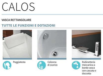Novellini Calos 2.0 Vasca da Bagno Versione Standard con Telaio Misura 160x70 Altezza 58 cm Installazione Reversibile Forma Rettangolare 1 Pannello Frontale 1 Laterale Materiale Acrilico Colore Bianco Lucido Colonna di Scarico Con Rubinetteria Poggiatesta