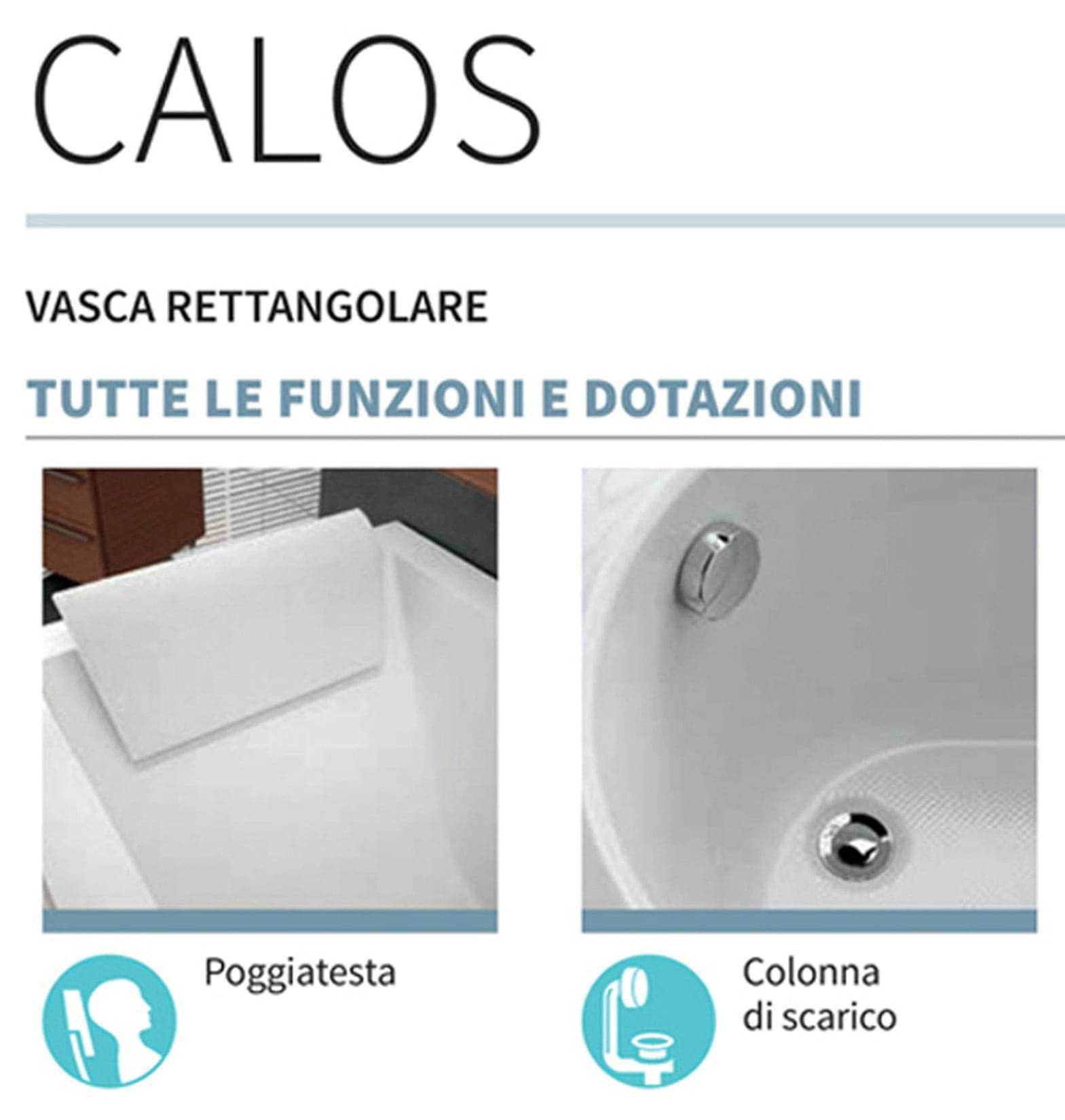 Novellini Calos 2.0 Vasca da Bagno Versione Standard con Telaio Misura 170x75 Altezza 58 cm Installazione Reversibile Design Squadrato Forma Rettangolare 1 Pannello Frontale 1 Laterale Materiale Acrilico Colore Bianco Lucido Colonna di Scarico Poggiatesta