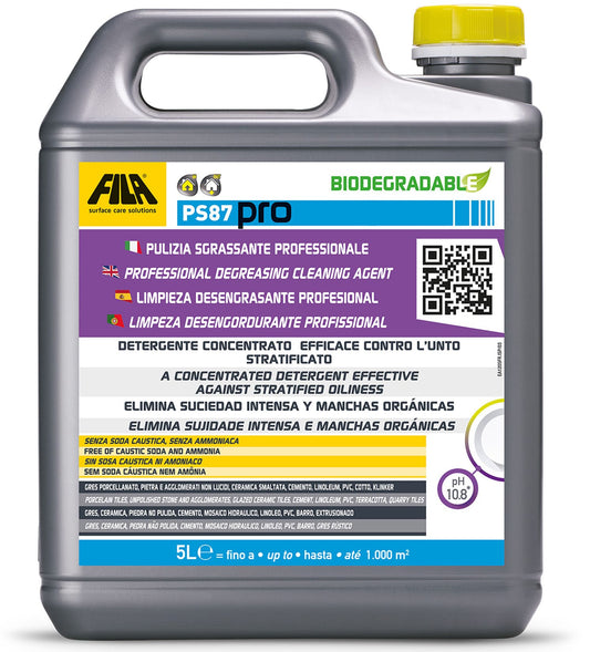 Fila Filaps87 Pro Detergente Sgrassante Smacchiatore 5 Litri Pulisce Smacchia Sgrassa Decerante Cere Pavimenti Sporchi Gres Porcellanato Levigato Lucido Ceramica Smaltata Pietra Naturale Agglomerati Cotto Klinker Cemento Linoleum Pvc