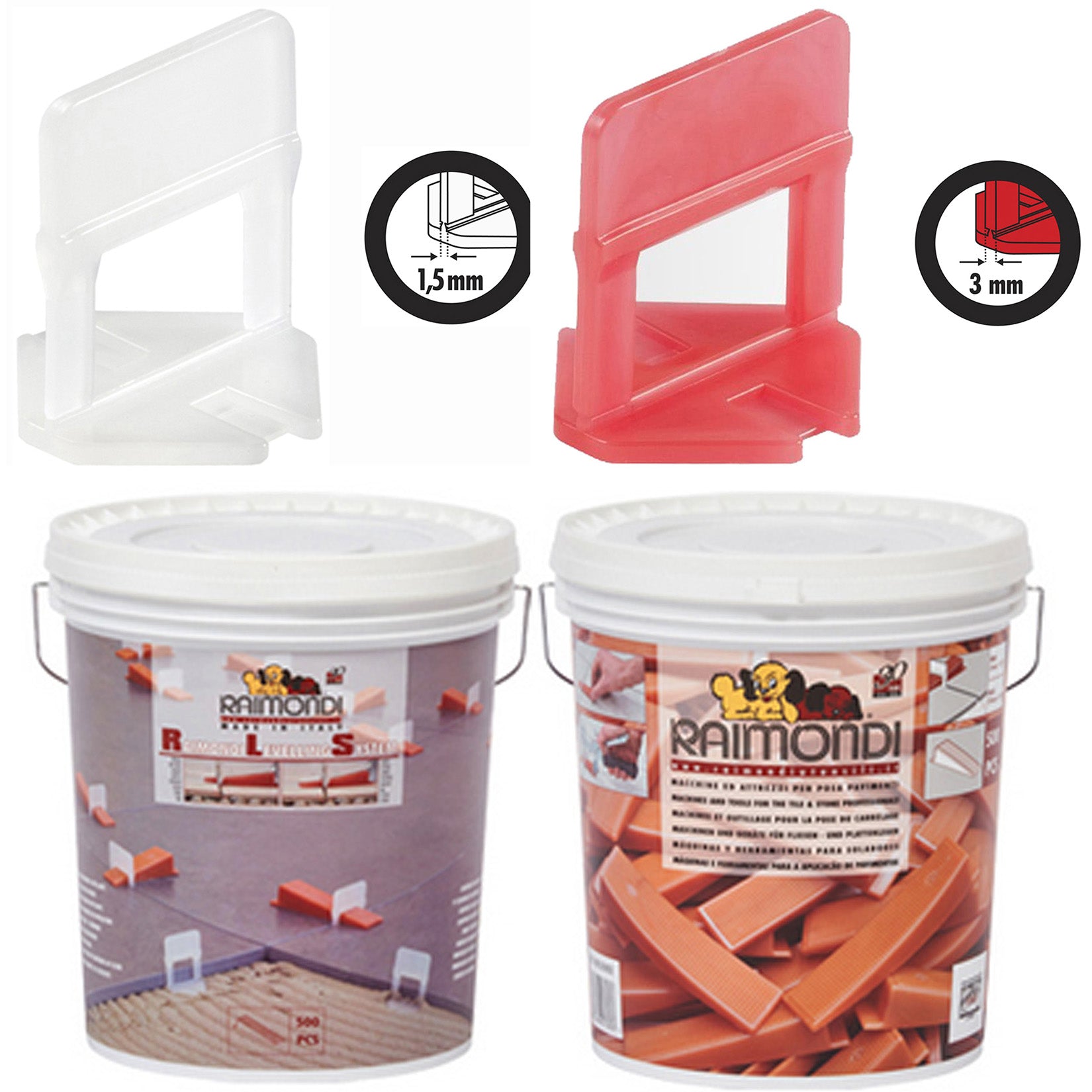 1 Confezione da 2200 Basi Raimondi Per Fuga da 1,5 mm e Spessore Piastrelle da 3 a 12 mm + 1 Confezione da 2200 basi Raimondi Per Fuga 3 mm Spessore Mattonella da 3 a 12 mm + 1 Secchio con 500 Cunei
