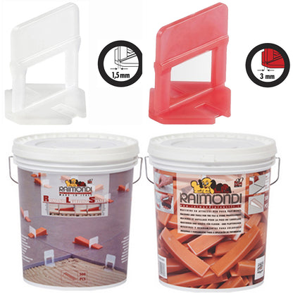 1 Confezione da 2200 Basi Raimondi Per Fuga da 1,5 mm e Spessore Piastrelle da 3 a 12 mm + 1 Confezione da 2200 basi Raimondi Per Fuga 3 mm Spessore Mattonella da 3 a 12 mm + 1 Secchio con 500 Cunei