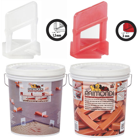1 Confezione da 2200 Basi Raimondi Per Fuga da 1,5 mm e Spessore Piastrelle da 3 a 12 mm + 1 Confezione da 2200 basi Raimondi Per Fuga 3 mm Spessore Mattonella da 3 a 12 mm + 1 Secchio con 500 Cunei