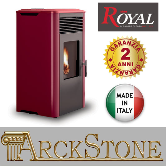 Stufa Pellet Aria Ventilata Marca Royal Palazzetti Ilena Air 60 Rosso 6,7 Kw Economica Braciere Ghisa Alto Spessore Focolare Calore Ampio Cassetto Cenere Estraibile Rivestimento Acciaio Top Ceramica Display Comandi Sfioramento Orario Canalizzabile Esterna