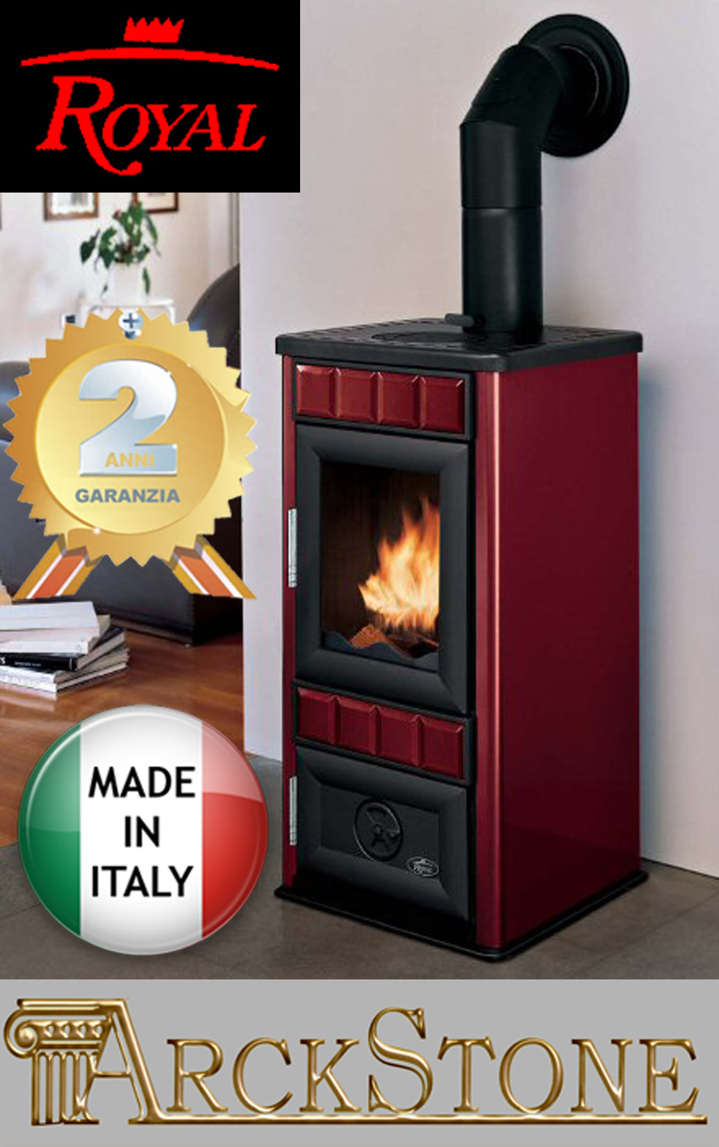 ARCKSTONE Focolare Stufa Legna Ghisa Cottura Royal Palazzetti King S Rosso 8,8 Kw