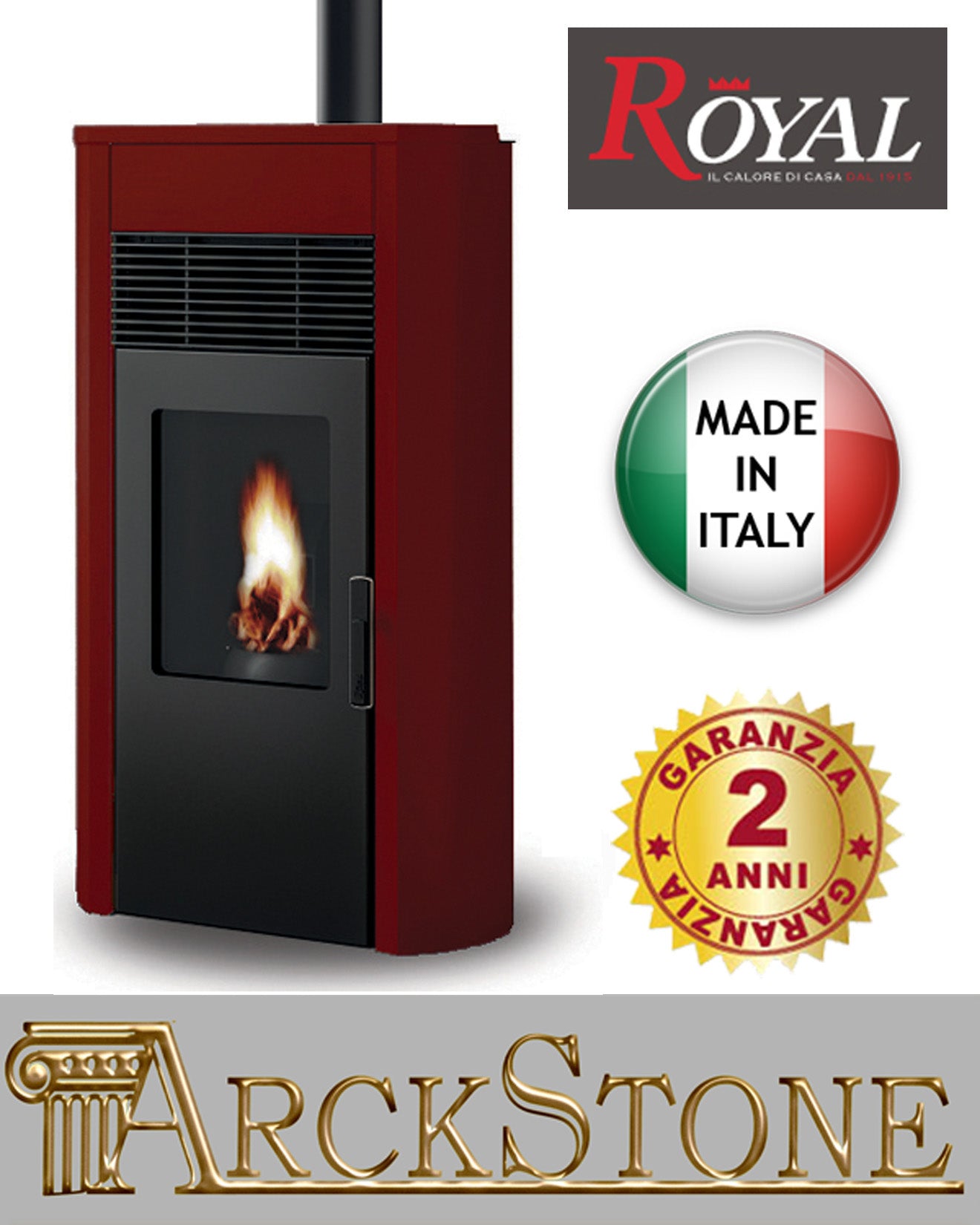 Stufa Pellet Aria Ventilata Royal Palazzetti Roberta Air 80 US Rosso 9,3 Kw Uscita Fumi Superiore Braciere Ghisa Ampio Cassetto Cenere Estraibile Rivestimento Acciaio Top Ceramica Display Comandi Sfioramento Orario Canalizzabile Esterno
