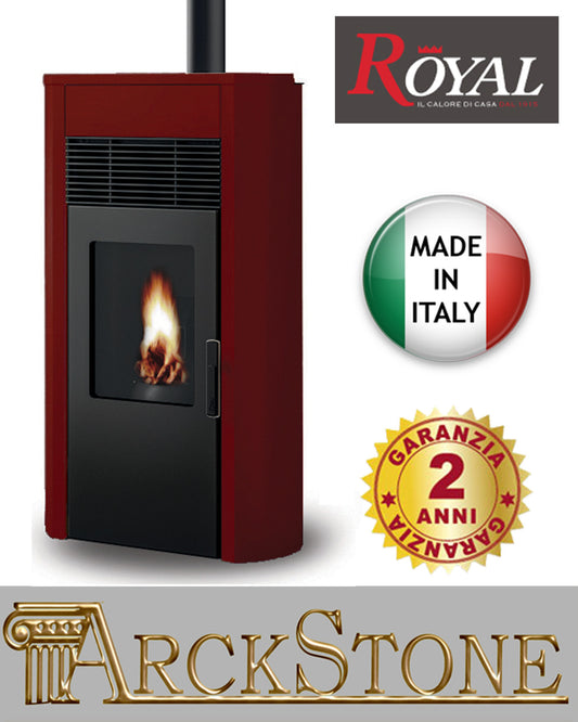 Stufa Pellet Aria Ventilata Royal Palazzetti Roberta Air 80 US Rosso 9,3 Kw Uscita Fumi Superiore Braciere Ghisa Ampio Cassetto Cenere Estraibile Rivestimento Acciaio Top Ceramica Display Comandi Sfioramento Orario Canalizzabile Esterno