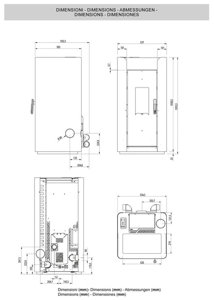 Royal Palazzetti Alida Air 120 Stufa Pellet Aria Ventilata Canalizzata Potenza 11,9 Kw Rivestimento Acciaio Colore Bianco Uscita Fumi Posteriore Maniglia Antiscottatura Canalizza Aria Comburente Esterno Display Sfioro Programma Orario Cassetto Braciere