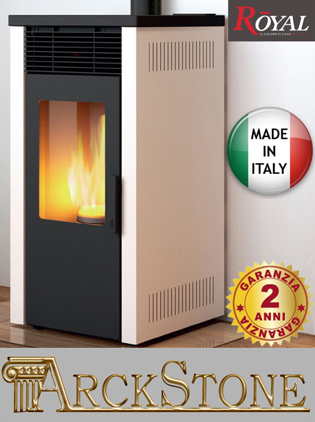 Royal Palazzetti Donna Air 80 Us Rivestimento Acciaio Colore Beige Potenza 8 Kw Stufa Pellet Aria Calda Ventilata Uscita Fumi Superiore Canalizzazione Aria Comburente Esterno Display Comandi Sfioro Programma Digitale Cassetto Estraibile Braciere Ghisa