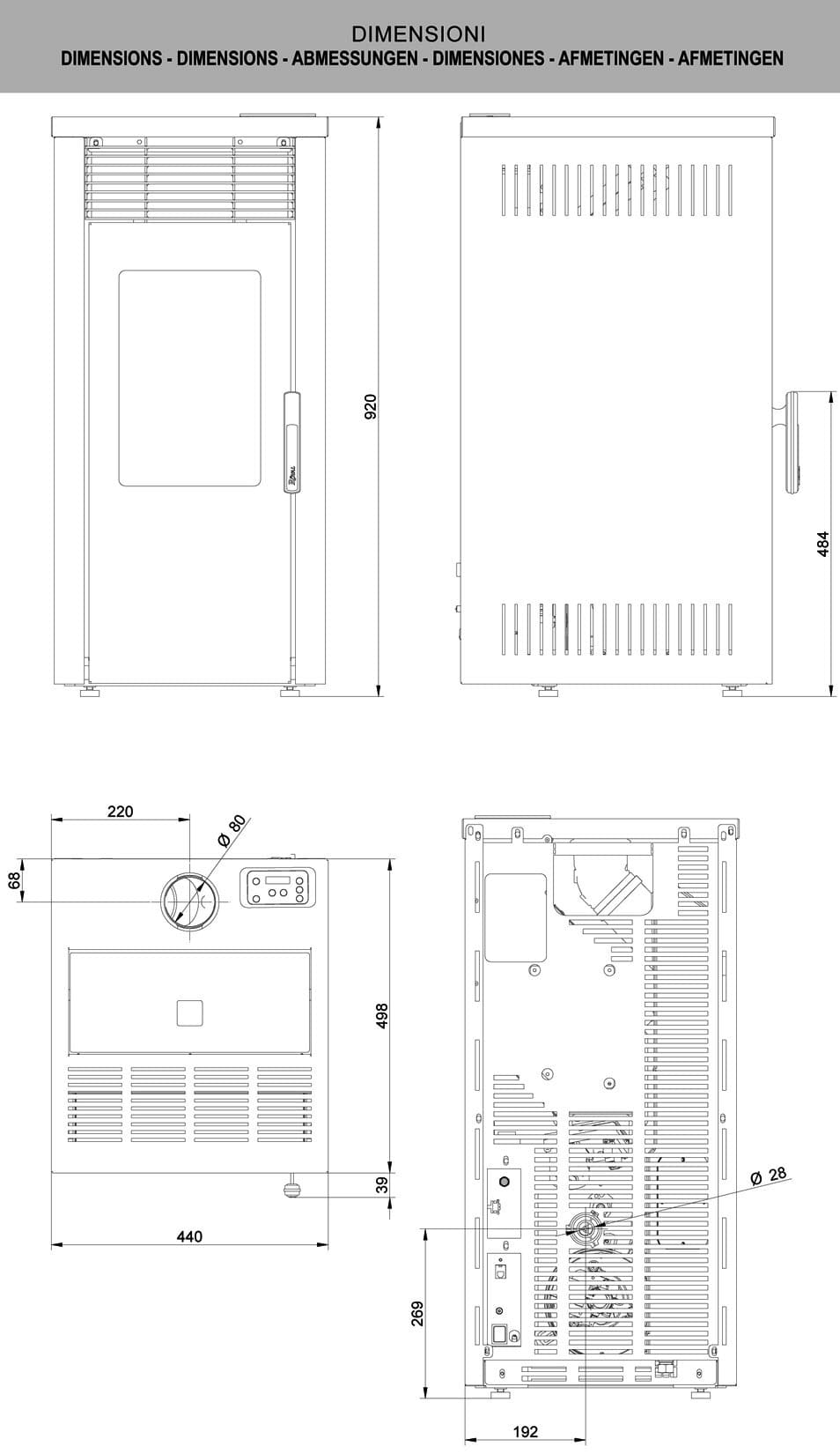 Royal Palazzetti Donna Air 80 Us Rivestimento Acciaio Colore Beige Potenza 8 Kw Stufa Pellet Aria Calda Ventilata Uscita Fumi Superiore Canalizzazione Aria Comburente Esterno Display Comandi Sfioro Programma Digitale Cassetto Estraibile Braciere Ghisa