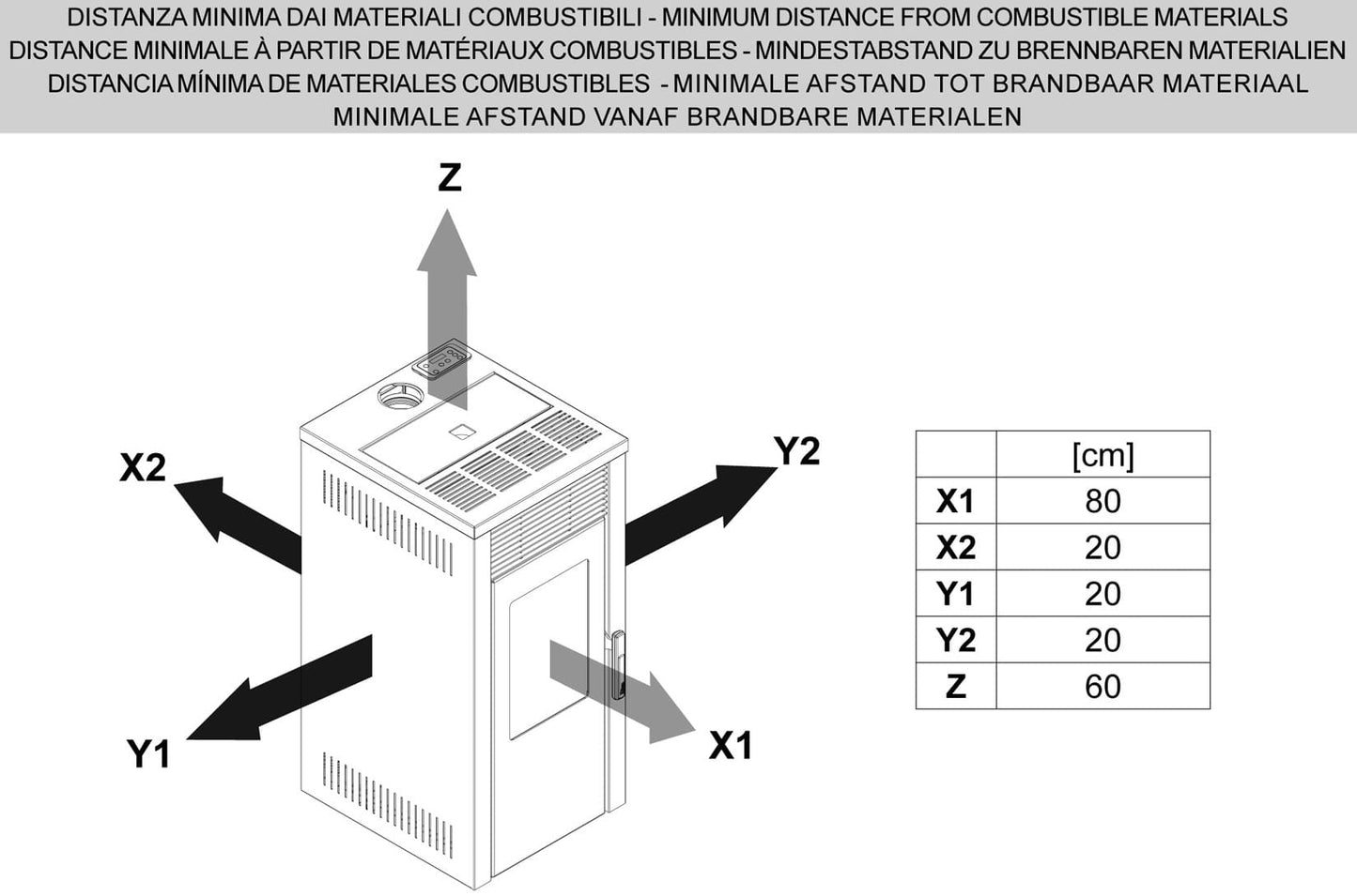 Royal Palazzetti Donna Air 80 Us Rivestimento Acciaio Colore Nero Potenza 8 Kw Stufa Pellet Aria Calda Ventilata Uscita Fumi Superiore Canalizzazione Aria Comburente Esterno Display Comandi Sfioro Programma Digitale Cassetto Estraibile Braciere Ghisa