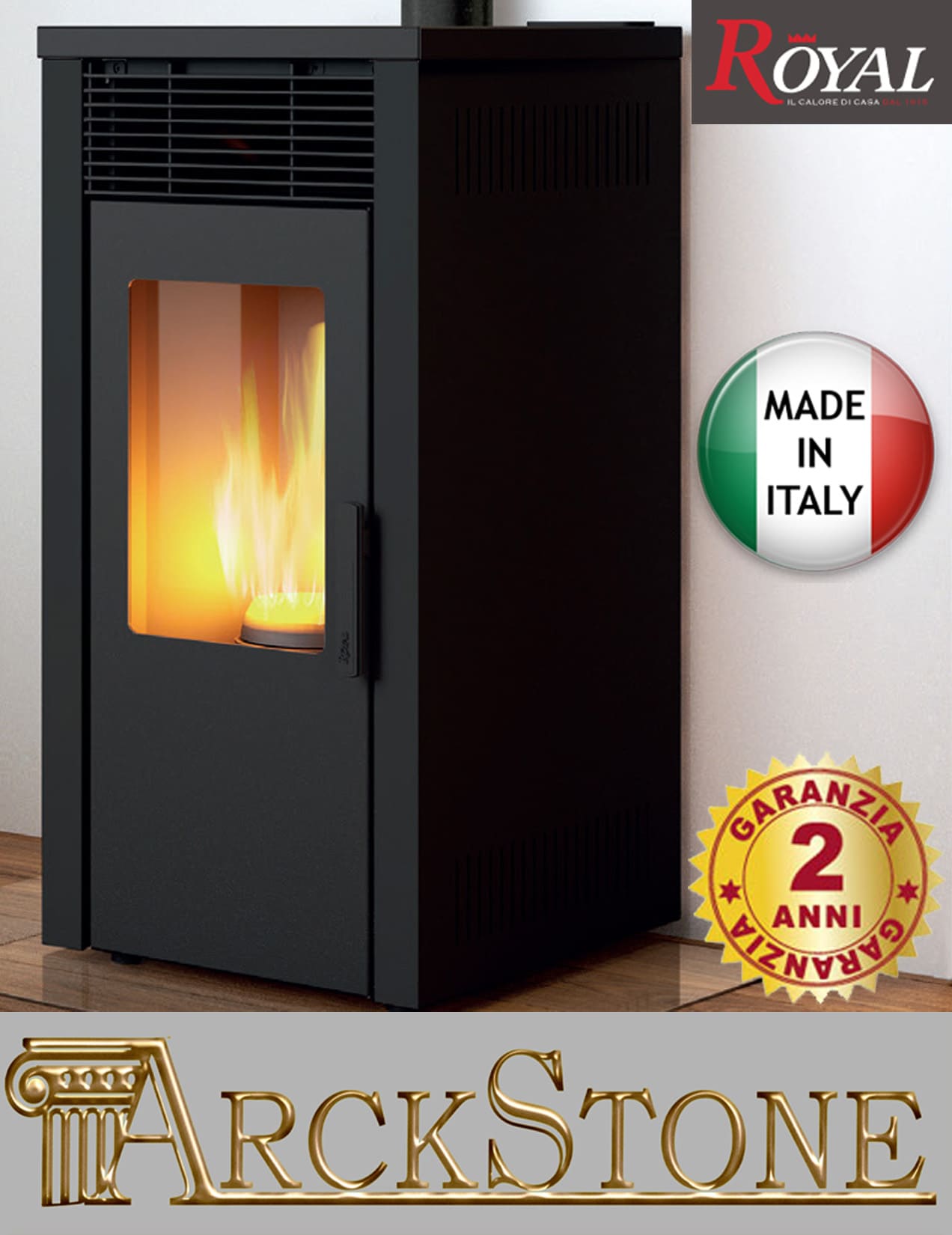 Royal Palazzetti Donna Air 80 Us Rivestimento Acciaio Colore Nero Potenza 8 Kw Stufa Pellet Aria Calda Ventilata Uscita Fumi Superiore Canalizzazione Aria Comburente Esterno Display Comandi Sfioro Programma Digitale Cassetto Estraibile Braciere Ghisa
