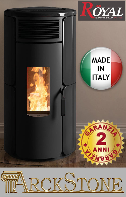 Royal Palazzetti Dora Air 80 Rivestimento Ceramica Colore Nero Potenza 8,2 Kw Stufa Pellet Aria Ventilata Forma Arrotondata Maniglia Antiscottatura Uscita Fumi Posteriore Canalizza Aria Comburente Esterno Display Sfioro Programma Orario Cassetto Braciere