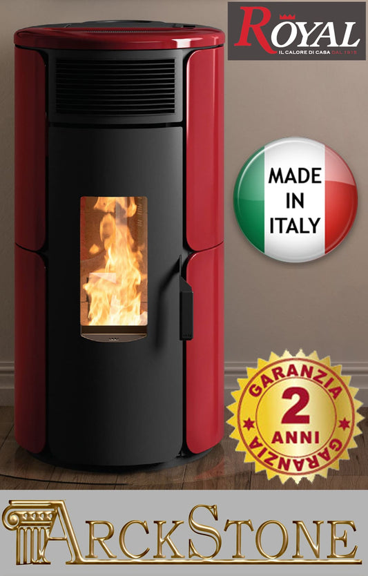 Royal Palazzetti Dora Air 80 Rivestimento Ceramica Colore Rosso Bordeaux Potenza 8,2 Kw Stufa Pellet Aria Ventilata Forma Arrotondata Maniglia Antiscottatura Uscita Fumi Posteriore Canalizza Aria Comburente Esterno Display Sfioro Programma Orario Braciere
