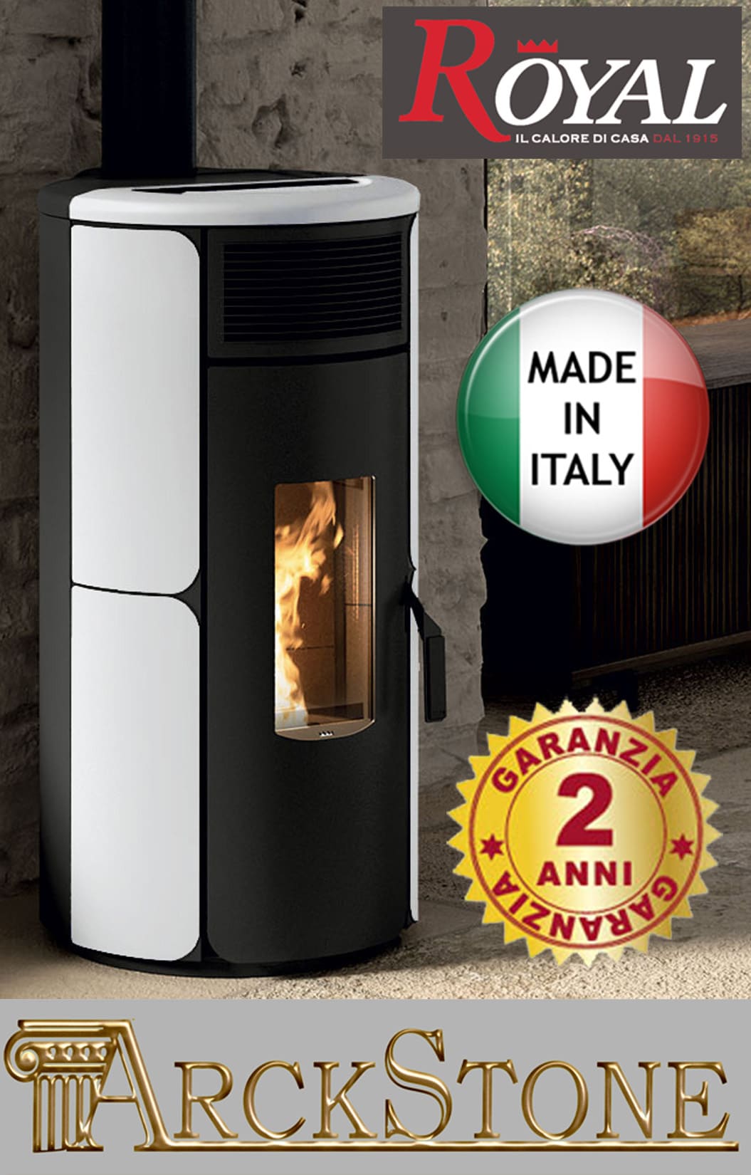 Royal Palazzetti Grazia E Air 80 Us Rivestimento Acciaio Top Ghisa e Maiolica Colore Bianco Potenza 8,2Kw Stufa Pellet Ermetica Aria Ventilata Forma Arrotondata Maniglia Antiscottatura Uscita Fumi Superiore Canalizza Aria Comburente Esterno Display Sfioro