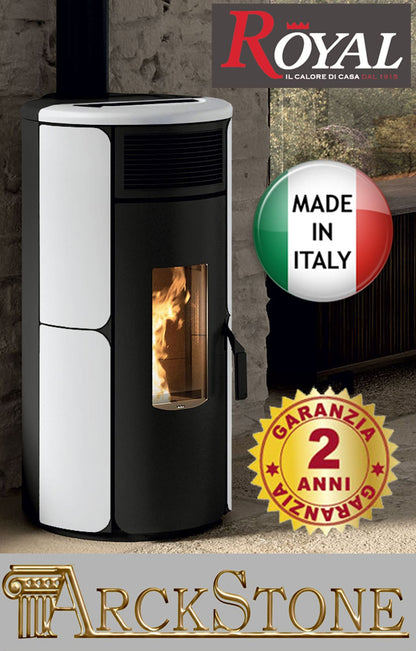 Royal Palazzetti Grazia E Air 80 Us Rivestimento Acciaio Top Ghisa e Maiolica Colore Bianco Potenza 8,2Kw Stufa Pellet Ermetica Aria Ventilata Forma Arrotondata Maniglia Antiscottatura Uscita Fumi Superiore Canalizza Aria Comburente Esterno Display Sfioro