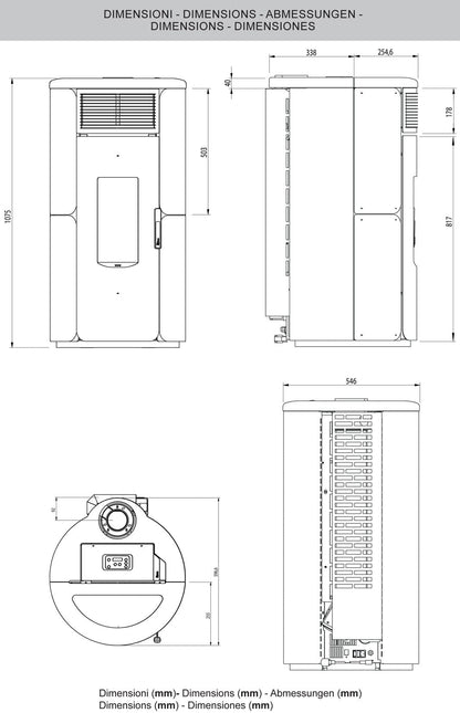 Royal Palazzetti Grazia E Air 80 Us Rivestimento Acciaio Top Ghisa e Maiolica Colore Bianco Potenza 8,2Kw Stufa Pellet Ermetica Aria Ventilata Forma Arrotondata Maniglia Antiscottatura Uscita Fumi Superiore Canalizza Aria Comburente Esterno Display Sfioro