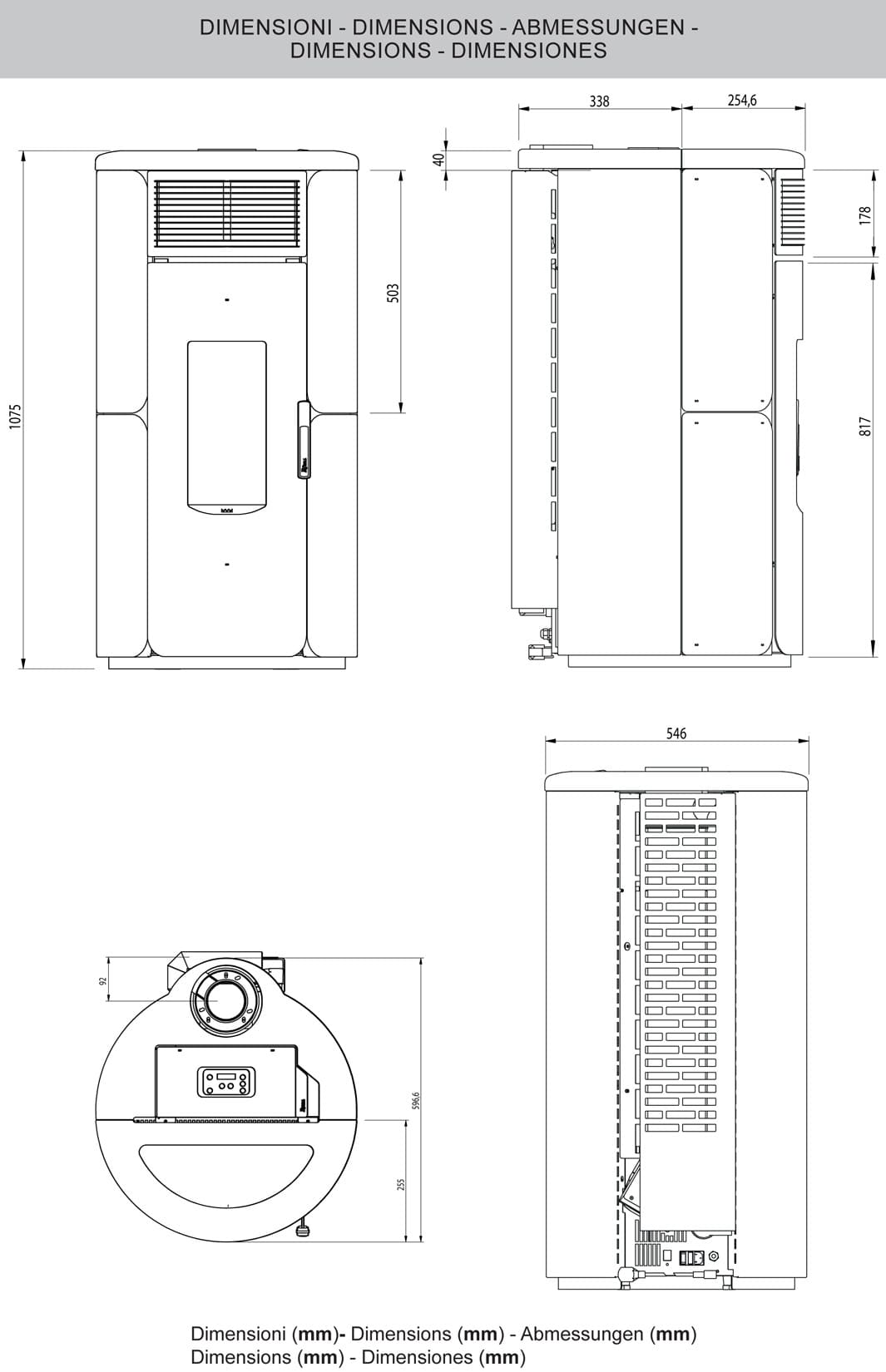 Royal Palazzetti Grazia E Air 80 Us Rivestimento Acciaio Top Ghisa e Maiolica Colore Nero Potenza 8,2 Kw Stufa Pellet Ermetica Aria Ventilata Forma Arrotondata Maniglia Antiscottatura Uscita Fumi Superiore Canalizza Aria Comburente Esterno Display Sfioro