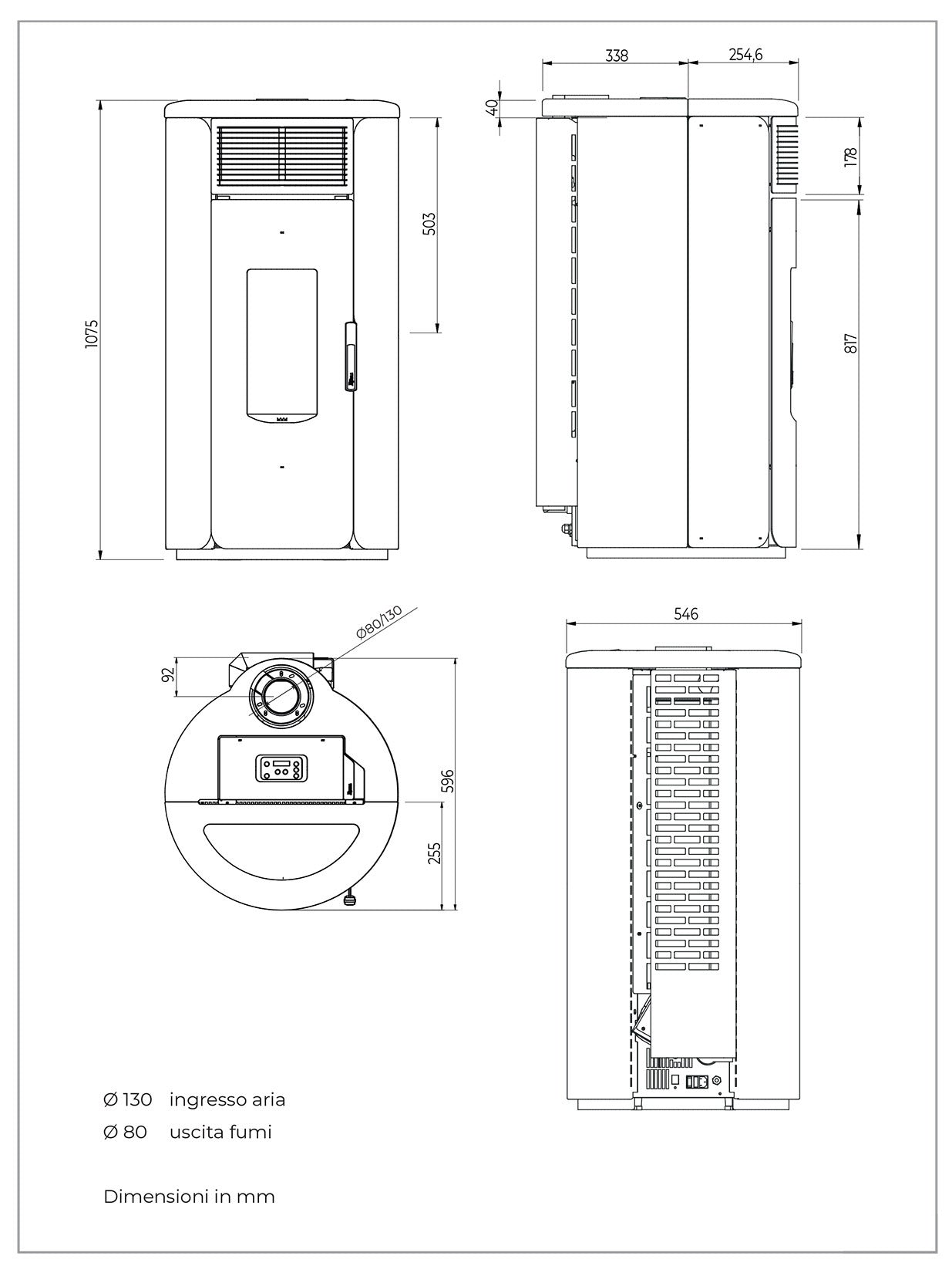 Royal Grazia Glass E Air 80 Us Stufa Pellet Ermetica Aria Calda Ventilata Potenza 8,2 Kw Vetro Bianco Forma Arrotondata Uscita Fumi Coassiale Superiore Top Maiolica Ghisa Maniglia Antiscottatura Gomma Display Digitale Gestione Fasce Orarie Cassetto Cenere