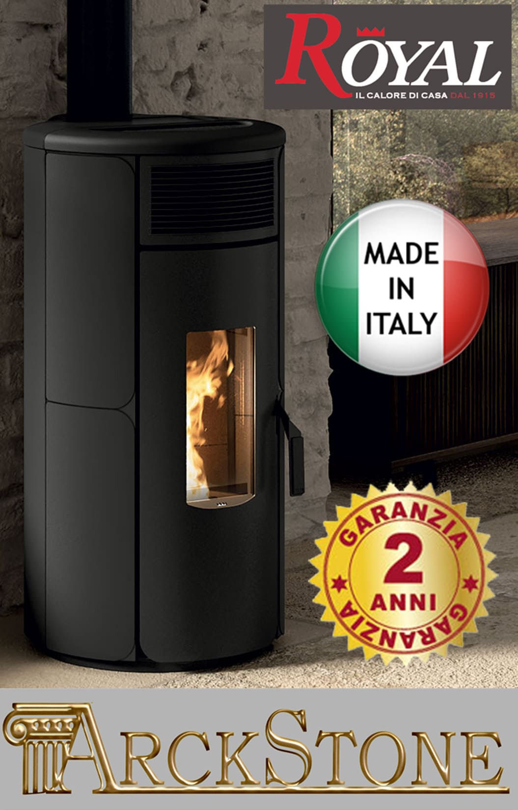 Royal Palazzetti Grazia E Air 80 Us Rivestimento Acciaio Top Ghisa e Maiolica Colore Nero Potenza 8,2 Kw Stufa Pellet Ermetica Aria Ventilata Forma Arrotondata Maniglia Antiscottatura Uscita Fumi Superiore Canalizza Aria Comburente Esterno Display Sfioro