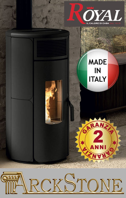 Royal Palazzetti Grazia E Air 80 Us Rivestimento Acciaio Top Ghisa e Maiolica Colore Nero Potenza 8,2 Kw Stufa Pellet Ermetica Aria Ventilata Forma Arrotondata Maniglia Antiscottatura Uscita Fumi Superiore Canalizza Aria Comburente Esterno Display Sfioro