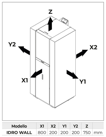 Royal Idro Wall 12 Termostufa Pellet 12,4 Kw Acciaio Rosso Riscaldamento Acqua Radiatori Caldaia 8 Tubi Fumo Gruppo Idraulico Circolatore Vaso Espansione Valvola Sicurezza Anticondensa Display Digitale Gestione Fasce Orarie Cassetto Uscita Posteriore