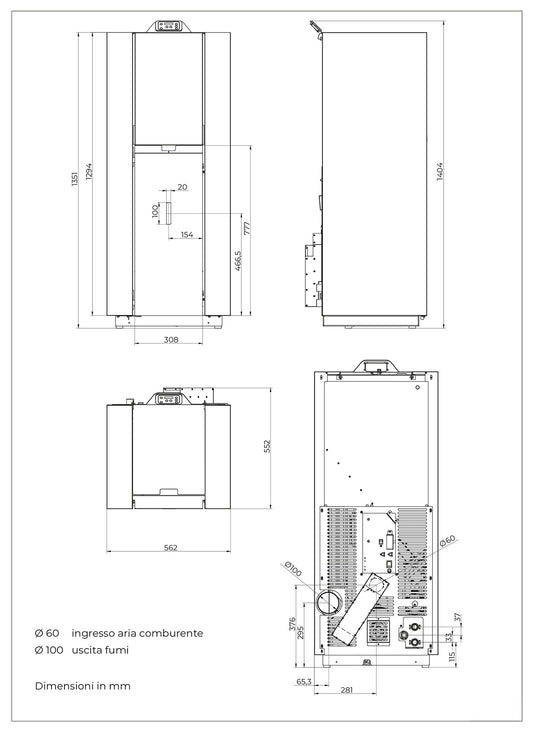 Royal Idro Wall 20 Termostufa Pellet 19,7 Kw Acciaio Rosso Riscaldamento Acqua Radiatori Caldaia 8 Tubi Fumo Gruppo Idraulico Circolatore Vaso Espansione Valvola Sicurezza Anticondensa Display Digitale Gestione Fasce Orarie Cassetto Uscita Posteriore