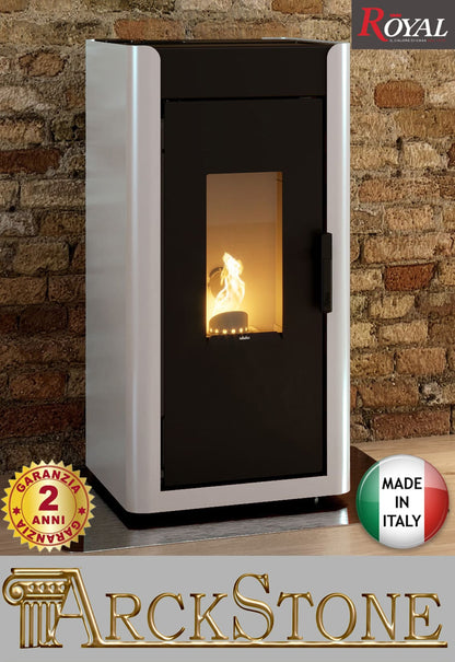 Royal Palazzetti Ilde Air 80 Rivestimento Acciaio Colore Bianco Potenza 8,2 Kw Stufa Pellet Aria Calda Ventilata Maniglia Antiscottatura Uscita Fumi Posteriore Canalizza Aria Comburente Esterno Display Comandi Sfioro Programma Digitale Cassetto Estraibile