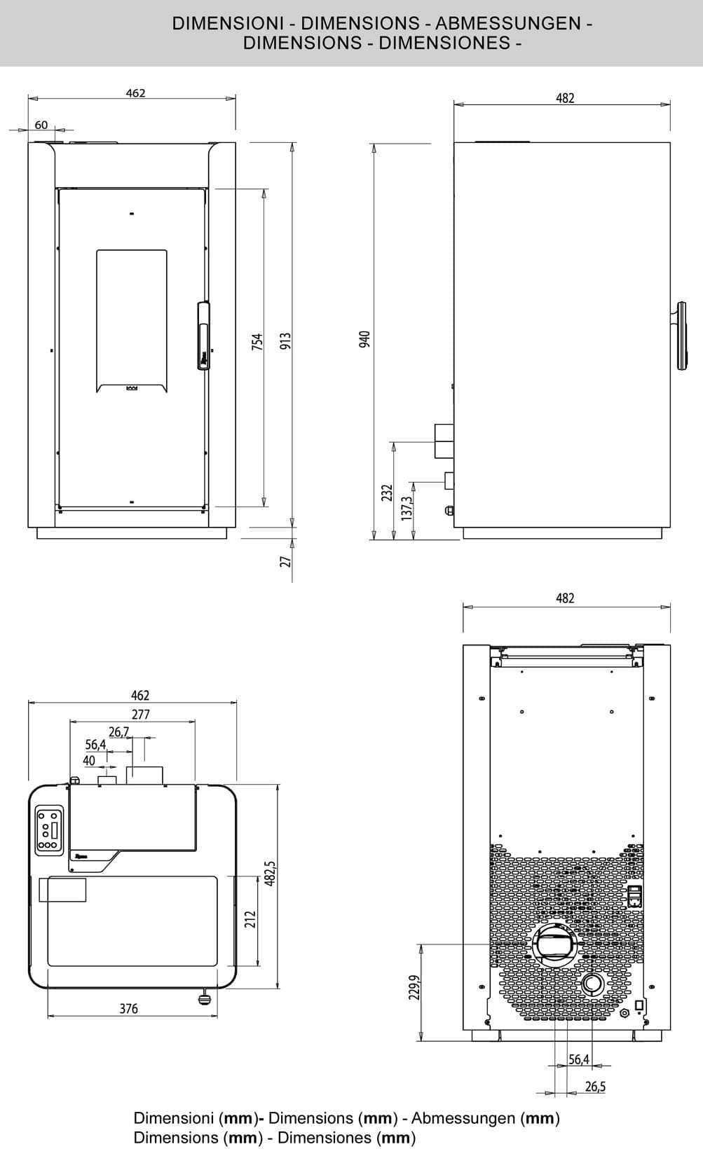 Royal Palazzetti Ilde Air 80 Rivestimento Acciaio Colore Nero Potenza 8,2 Kw Stufa Pellet Aria Calda Ventilata Maniglia Antiscottatura Uscita Fumi Posteriore Canalizza Aria Comburente Esterno Display Comandi Sfioro Programma Digitale Cassetto Estraibile