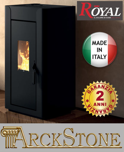 Royal Palazzetti Ilde Air 80 Rivestimento Acciaio Colore Nero Potenza 8,2 Kw Stufa Pellet Aria Calda Ventilata Maniglia Antiscottatura Uscita Fumi Posteriore Canalizza Aria Comburente Esterno Display Comandi Sfioro Programma Digitale Cassetto Estraibile