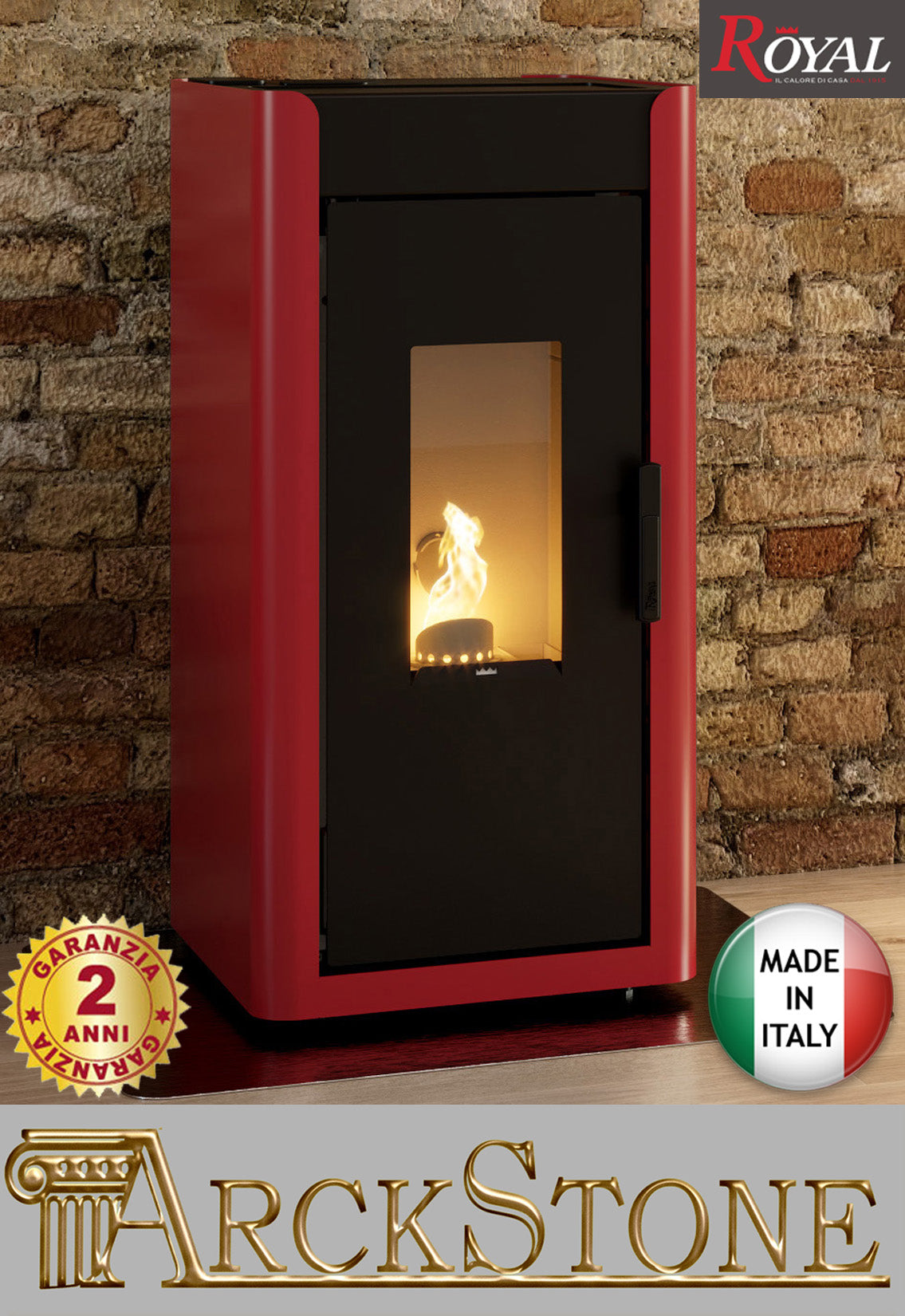 Royal Palazzetti Ilde Air 80 Rivestimento Acciaio Colore Rosso Potenza 8,2 Kw Stufa Pellet Aria Calda Ventilata Maniglia Antiscottatura Uscita Fumi Posteriore Canalizza Aria Comburente Esterno Display Comandi Sfioro Programma Digitale Cassetto Estraibile