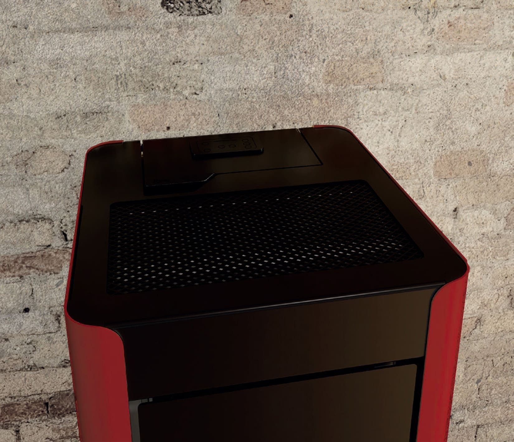 Royal Palazzetti Ilde Air 80 Rivestimento Acciaio Colore Rosso Potenza 8,2 Kw Stufa Pellet Aria Calda Ventilata Maniglia Antiscottatura Uscita Fumi Posteriore Canalizza Aria Comburente Esterno Display Comandi Sfioro Programma Digitale Cassetto Estraibile