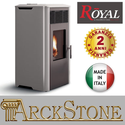 Royal Palazzetti Ilena E Air 80 Rivestimento Acciaio Top Ceramica Colore Bianco Potenza 8,6 Kw Stufa Pellet Aria Ventilata Ermetica Uscita Fumi Posteriore Canalizzazione Aria Comburente Comandi Sfioro Programma Digitale Braciere Ghisa Cassetto Estraibile