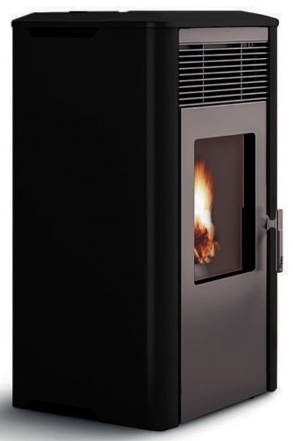 Royal Palazzetti Ilena E Air 60 Rivestimento Acciaio Top Ceramica Colore Nero Potenza 6,2 Kw Stufa Pellet Aria Ventilata Ermetica Uscita Fumi Posteriore Canalizzazione Aria Comburente Comandi Sfioro Programma Digitale Braciere Ghisa Cassetto Estraibile