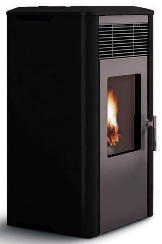 Royal Palazzetti Ilena E Air 60 Rivestimento Acciaio Top Ceramica Colore Nero Potenza 6,2 Kw Stufa Pellet Aria Ventilata Ermetica Uscita Fumi Posteriore Canalizzazione Aria Comburente Comandi Sfioro Programma Digitale Braciere Ghisa Cassetto Estraibile