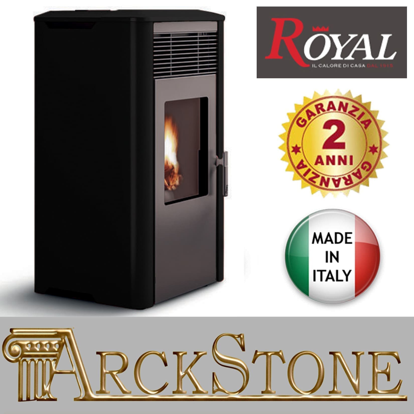 Royal Palazzetti Ilena E Air 80 Rivestimento Acciaio Top Ceramica Colore Nero Potenza 8,6 Kw Stufa Pellet Aria Ventilata Ermetica Uscita Fumi Posteriore Canalizzazione Aria Comburente Comandi Sfioro Programma Digitale Braciere Ghisa Cassetto Estraibile