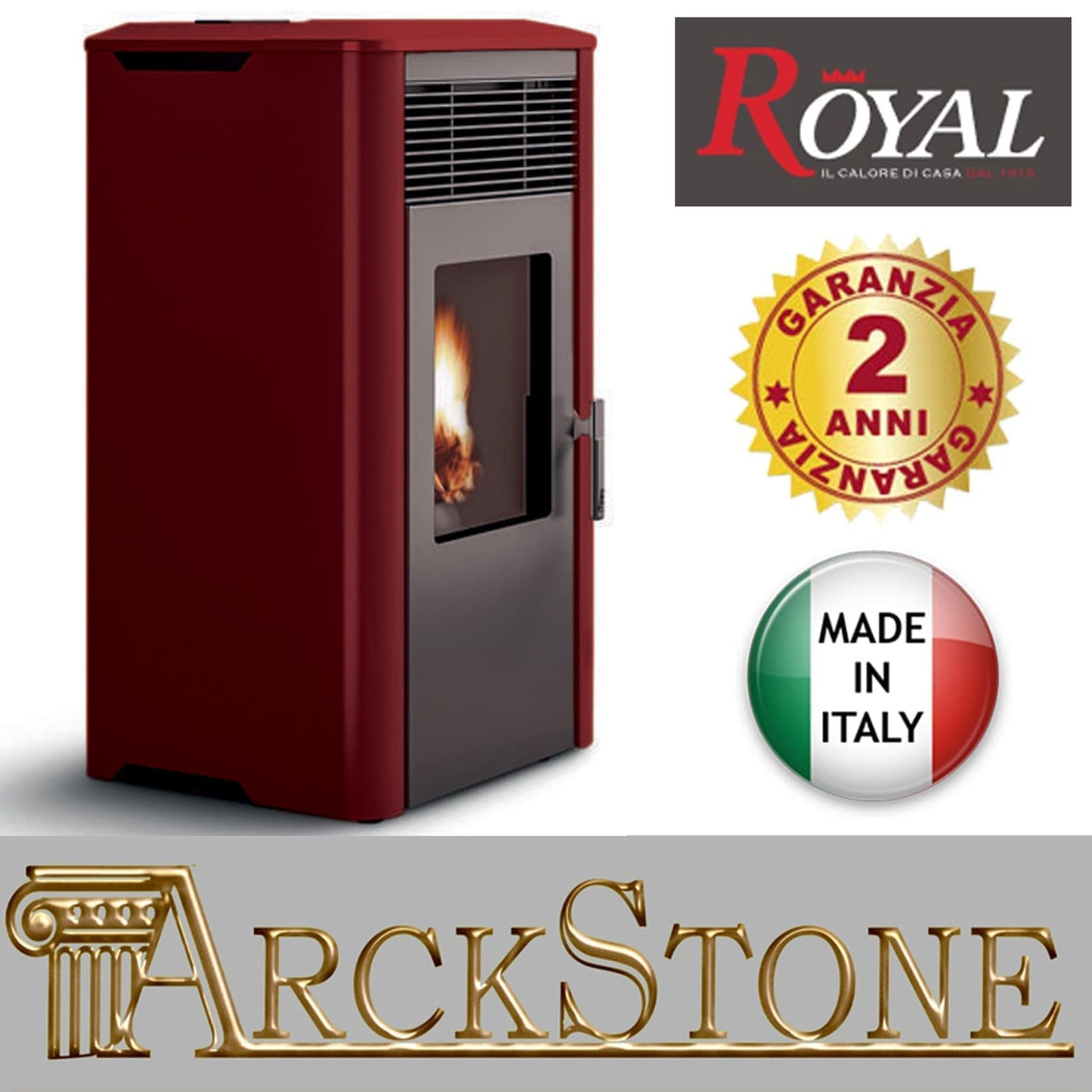 Royal Palazzetti Ilena E Air 80 Rivestimento Acciaio Top Ceramica Colore Rosso Bordeaux Potenza 8,6 Kw Stufa Pellet Aria Ventilata Ermetica Uscita Fumi Posteriore Canalizzazione Aria Comburente Comandi Sfioro Programma Digitale Braciere Ghisa Cassetto