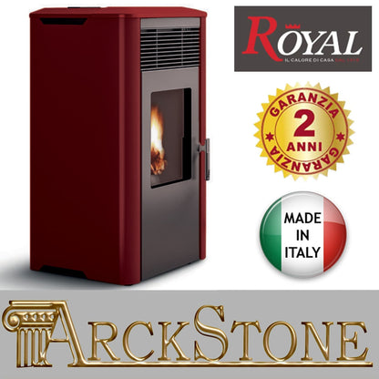 Royal Palazzetti Ilena E Air 80 Rivestimento Acciaio Top Ceramica Colore Rosso Bordeaux Potenza 8,6 Kw Stufa Pellet Aria Ventilata Ermetica Uscita Fumi Posteriore Canalizzazione Aria Comburente Comandi Sfioro Programma Digitale Braciere Ghisa Cassetto